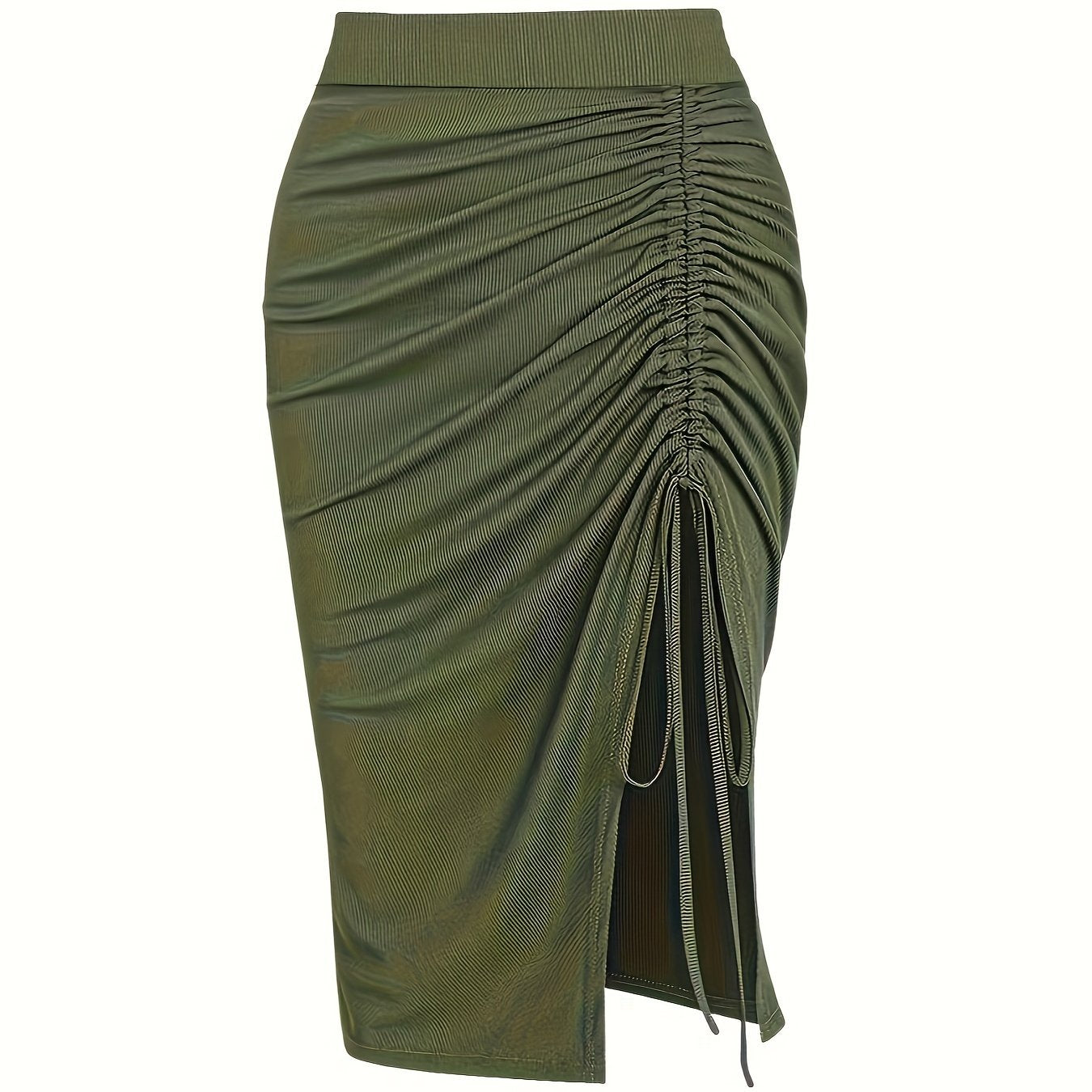 Solid Ruched Drawstring Split Skirt, Casual Bodycon Stretchy Skirt For Spring & Summer, Women's Clothing