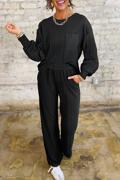 Black Textured Chest Pocket Long Sleeve Top 2Pcs Pants Set