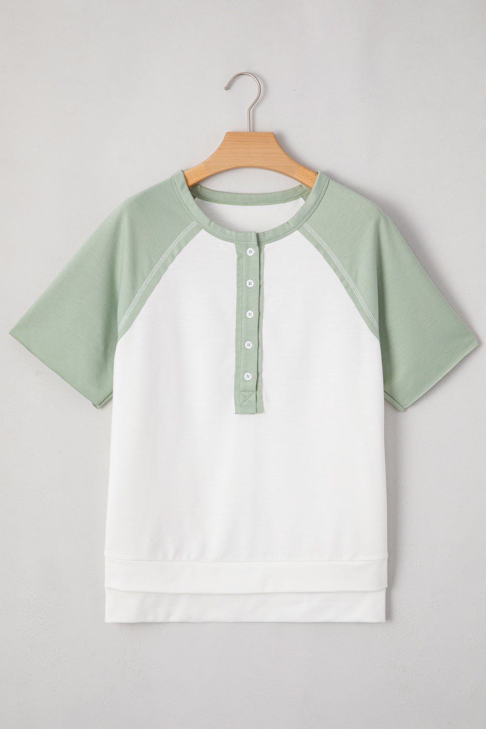 Clearly Aqua Colorblock Raglan Short Sleeve Half Buttons High Low T Shirt