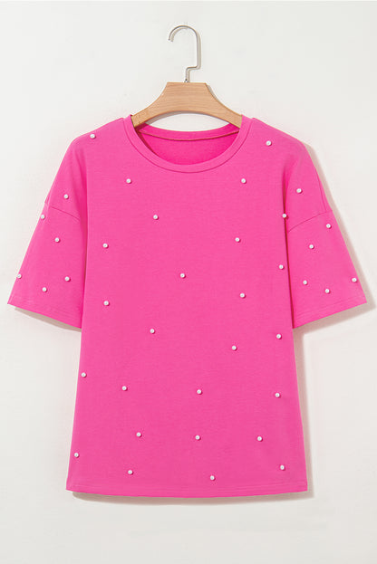 Bright Pink Pearl Beaded Drop Shoulder Crewneck T Shirt