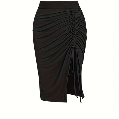 Solid Ruched Drawstring Split Skirt, Casual Bodycon Stretchy Skirt For Spring & Summer, Women's Clothing