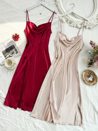 2 Pcs Women's Elegant Solid Satin Sleepwear Dress, Turtleneck Side Split Backless Midi Slip Dress, Comfortable Nightgown