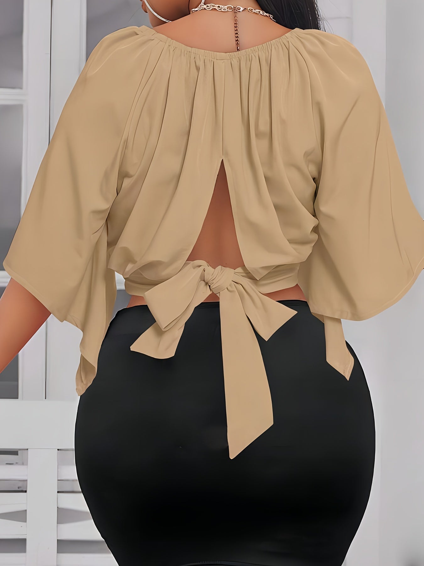 Solid Color Crew Neck Blouse, Elegant Short Sleeve Bow Back Split Blouse For Spring & Summer, Women's Clothing