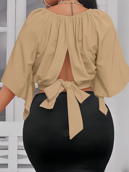 Solid Color Crew Neck Blouse, Elegant Short Sleeve Bow Back Split Blouse For Spring & Summer, Women's Clothing