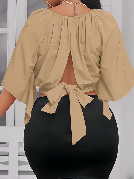 Solid Color Crew Neck Blouse, Elegant Short Sleeve Bow Back Split Blouse For Spring & Summer, Women's Clothing