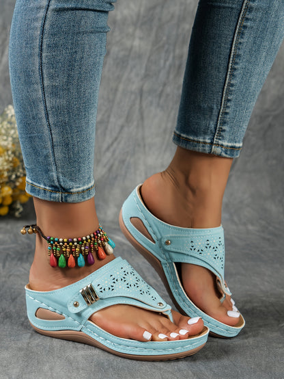 Stylish Cut-Out Thong Sandals - Soft Metallic Platform Wedge, Comfortable Beach Slides with Adjustable Straps, Vacation Essentials for Women