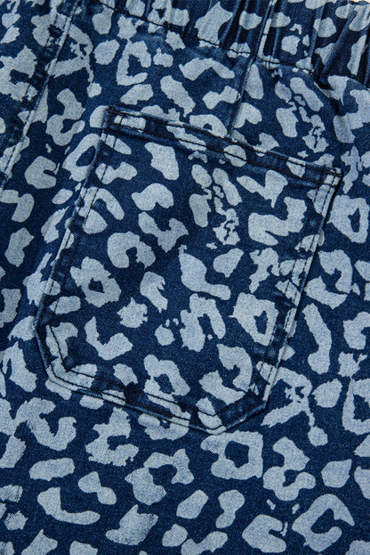 Blue Leopard Printed Drawstring Elastic Waistband Pocketed Wide Leg Jeans