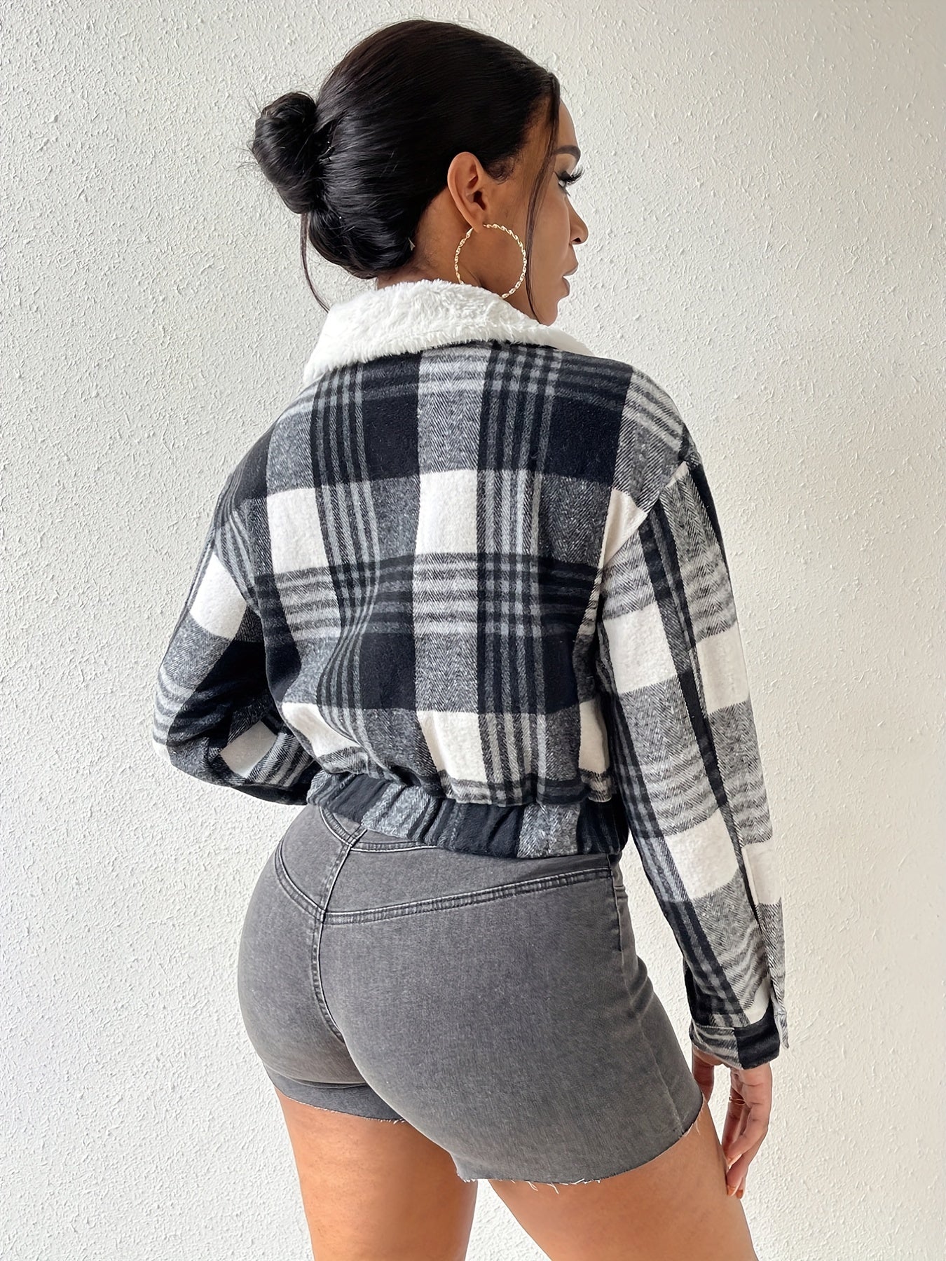 Button Plaid Faux Fur Collar Jacket, Casual Long Sleeve Crop Jacket For Fall & Winter, Women's Clothing