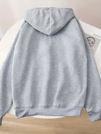 Heart Graphic Long Sleeve Zip Up Drawstring Hoodie, Stylish Pockets Loose Letter Print Sweatshirt, Women's Clothing