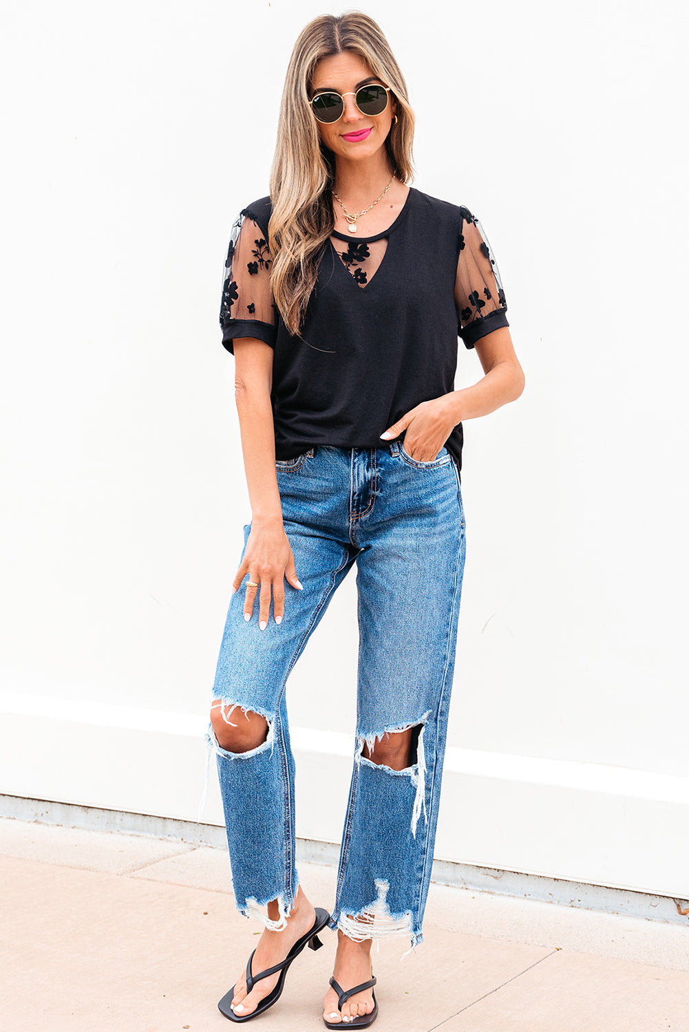 Black Flora Lace Patchwork Crew Neck T Shirt