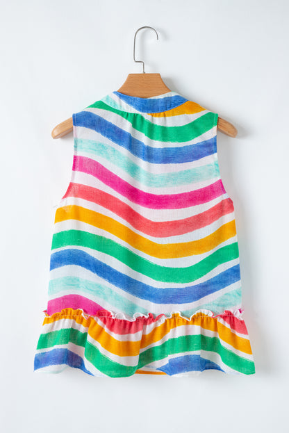 Rose Red Rainbow Stripes Ruffled Hem Drawstring V Neck Tank Top