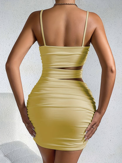 Y2K Solid Hollow Bodycon Cami Dress, Sexy Spaghetti Dress For Spring & Summer, Women's Clothing