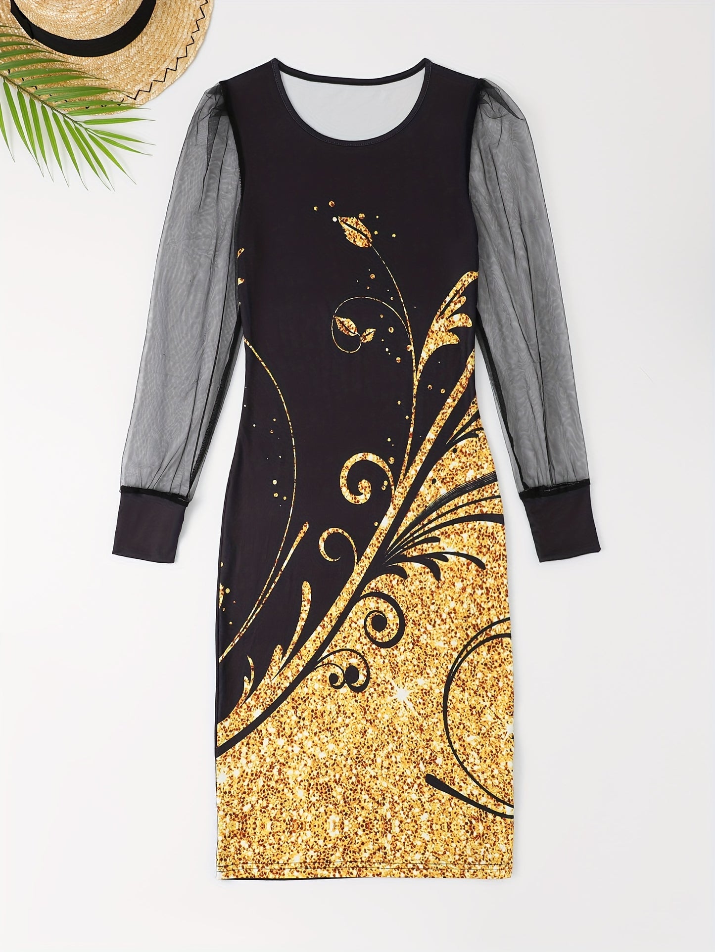 Butterfly Print Contrast Mesh Dress, Elegant Crew Neck Long Sleeve Dress, Women's Clothing