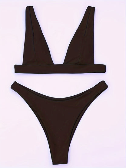 Women's Sexy Bikini Swimwear Set, Two-Piece V Neck & High Cut Bottom Bathing Suit, Adjustable Straps, Quick-Dry Fabric, Beachwear For Summer Pool Parties