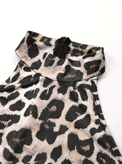 Sultry Leopard Print Bodycon Jumpsuit - High-Waisted, Open Back, Polyester Elastane Blend, All-Season Fashion for Women, Sexy and Confident Style