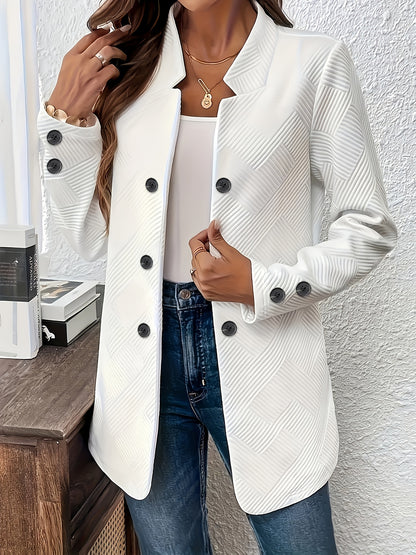 Women's Casual Solid Color Double-Breasted Long Sleeve Jacket with Pockets, Polyester Knit Fabric, Open Front Collar - All Seasons, Allseason Jacket | Doublebreasted Jacket | Stylish Jacket