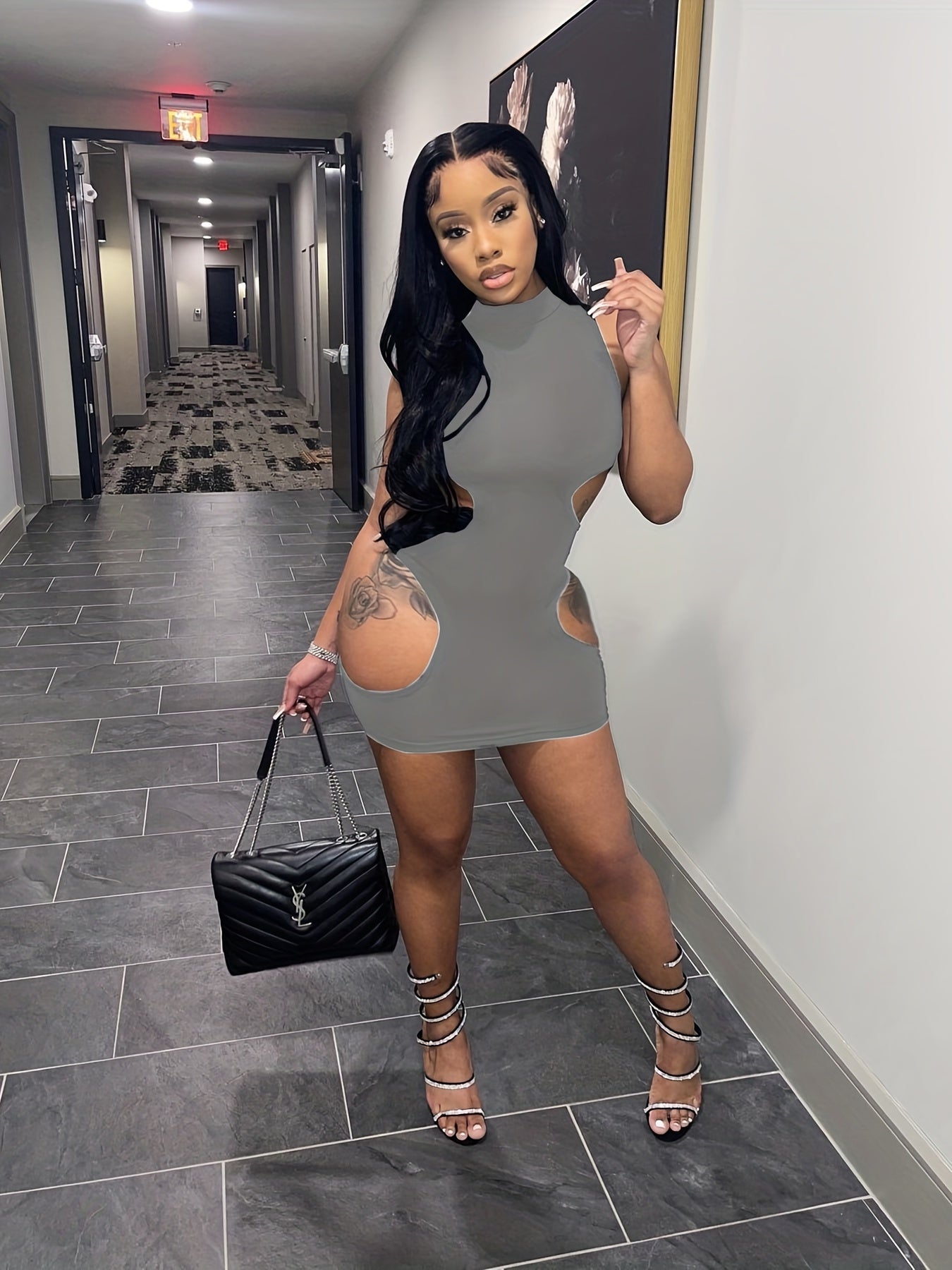 Women'S Sexy High Neck Cut-Out Mini Dress - Black Bodycon with Thigh-High Slit, Strappy Sandals & Clutch, Perfect for Summer Parties & Events, Party Attire | Sexy Bodycon Dress | Highneck Design