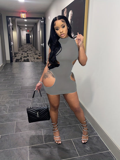 Women'S Sexy High Neck Cut-Out Mini Dress - Black Bodycon with Thigh-High Slit, Strappy Sandals & Clutch, Perfect for Summer Parties & Events, Party Attire | Sexy Bodycon Dress | Highneck Design