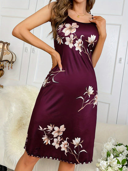 Elegant Floral Print Slip Nightgown for Women - Polyester and Elastane Knitted Fabric, Spaghetti Strap Sleeveless Sleepwear, All-Season Comfort, Scalloped Hem Sleepshirt