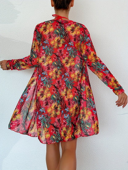 3-Piece Tropical Halter Bikini Set with High-Cut Triangle Top & Tie-Side Bottoms - Includes Stylish Cover-Up Shirt for Beachwear, Women’s Vibrant Swimwear Ensemble