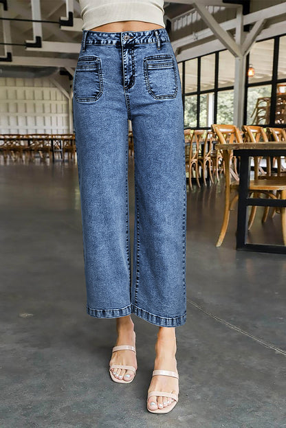 Sky Blue Chic Patch Pocket Straight Leg Loose Jeans