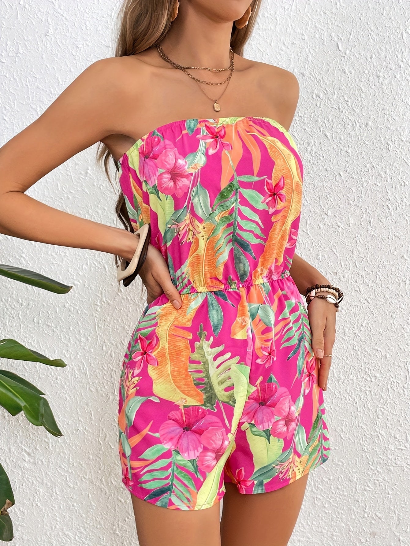 Women's Tropical Floral Print Strapless Jumpsuit - Vibrant Pink with Orange Flowers & Green Leaves, Backless Design, Machine Washable, Spring Summer Fall Casual Beachwear, Summer Outfit | Fashionforward Look | Smooth Fabric F