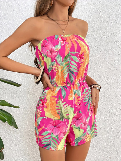 Women's Tropical Floral Print Strapless Jumpsuit - Vibrant Pink with Orange Flowers & Green Leaves, Backless Design, Machine Washable, Spring Summer Fall Casual Beachwear, Summer Outfit | Fashionforward Look | Smooth Fabric F