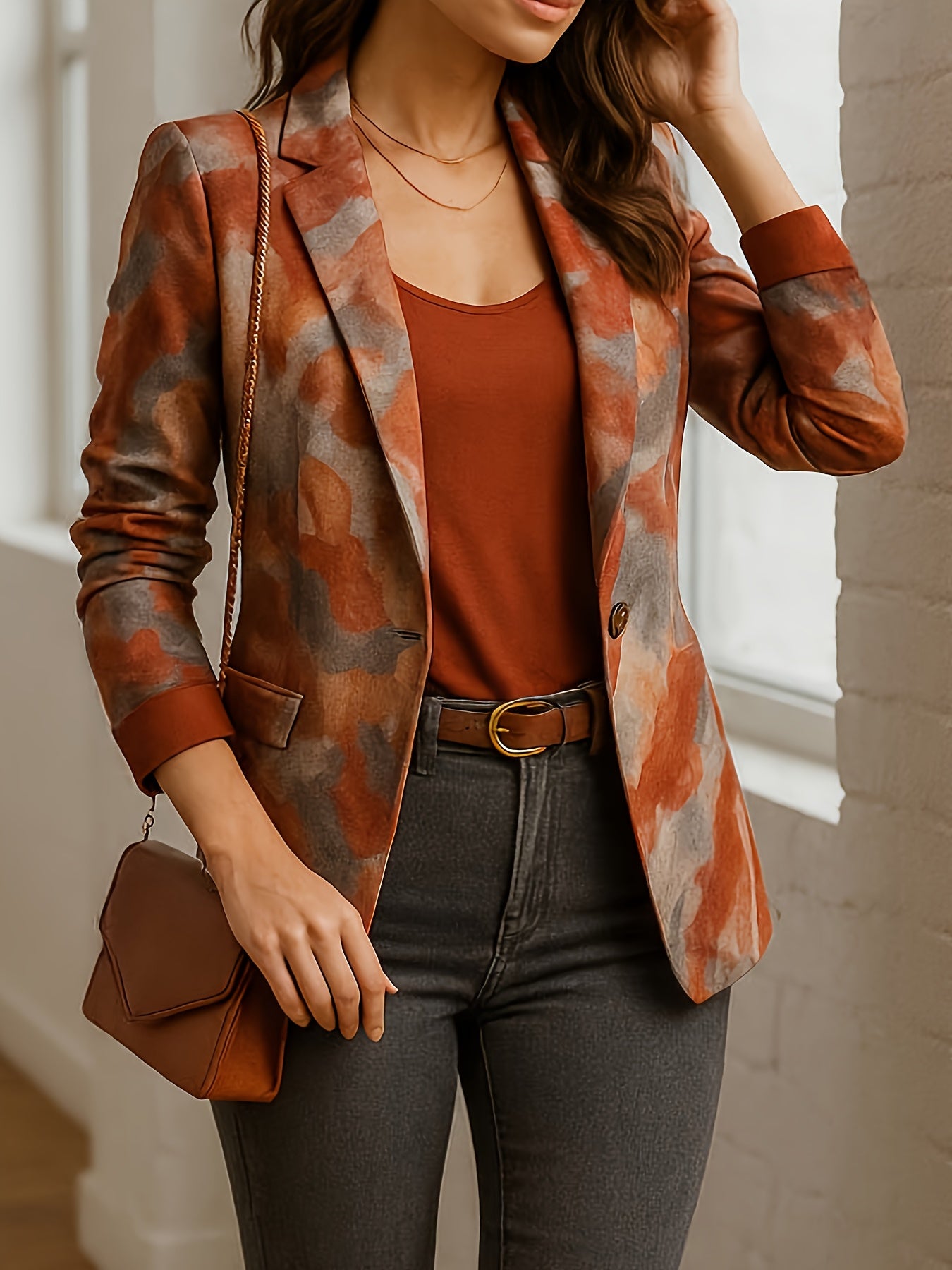 Women's Elegant Brown/Beige/Black/White/Red Houndstooth Blazer Jacket - Tailored Loose-Fit Single-Breasted Lapel Collar, Full-Body Print Office Wedding Party Coat, Machine Washable Spring/Fall Professional & Casual Outerwear,