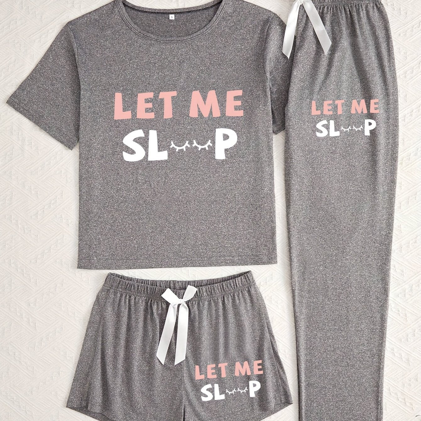 3pcs Women'S Pajama Set, Simple Style Knit Polyester Sleepwear, with Alphabet Print, Crew Neck, Bow Detail, for All Season Comfort Loungewear