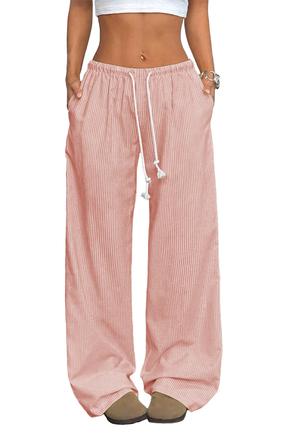 Pink Stripe Drawstring Plus Size Loose Pants