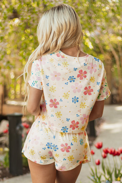 Apricot Floral Print Crop Top Wide Leg Short Set