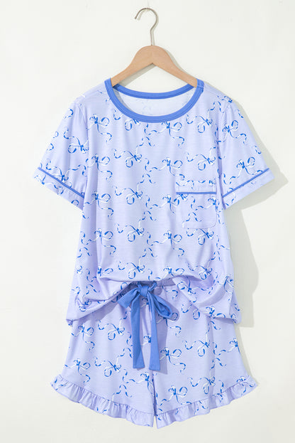Sky Blue Bow Printed Ruffled Short Lounge Set