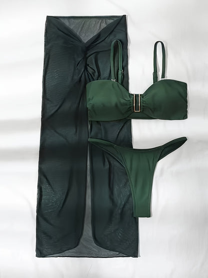 Solid Color 3 Piece Set Bikini, U-Wire High Cut With Cover Up Skirt Swimsuits, Women's Swimwear & Clothing