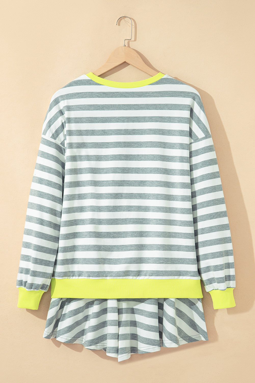 Gray Stripe Contrast Ribbed Banding Long Sleeve Blouse Loose Shorts Set