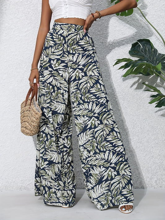 Women'S Bohemian Floral Print Chiffon Wide-Leg Pants - High Waist, Elastic Waistband, Long Beach Trousers for Summer Vacation, Casual Elegant Style