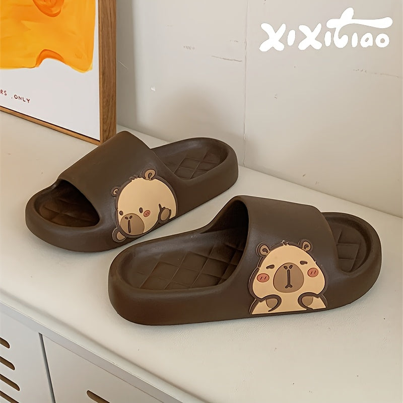 XIXITIAO Cute Cartoon Bear EVA Slides for Men & Women - Non-Slip Summer Slippers, White with Adorable Brown Bear Design, Lightweight & Comfortable for Indoor/Outdoor Use, Casual Wear | Playful Design | Slipresistant Sole, Bea