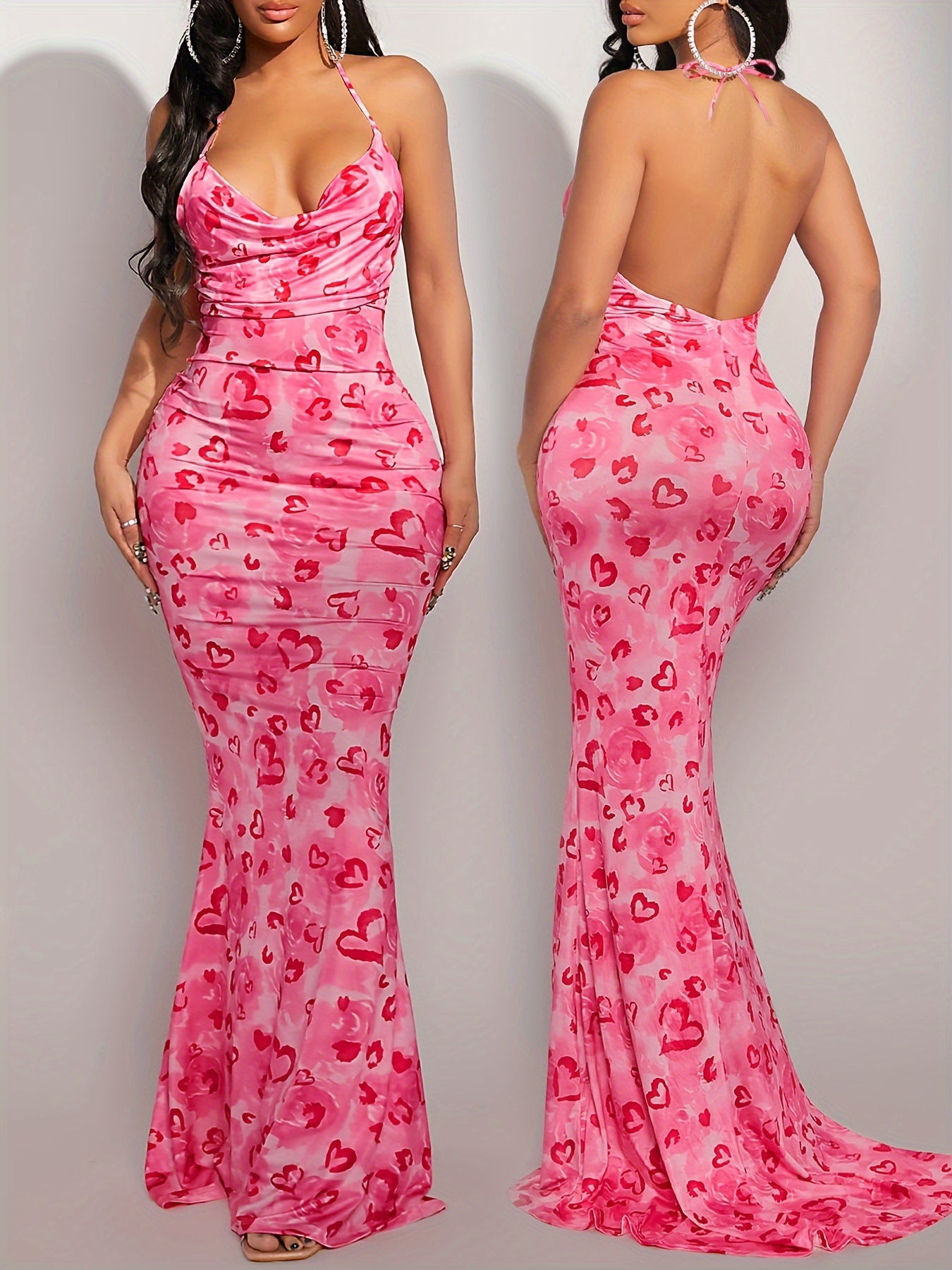 Fashion Halter Neck Valentine'S Day Pink Dress with Full Print of Love Flowers, Sleeveless, Slim Fit, Backpack-Revealed Hip Fishtail Long Dress, Evening Dress, Floor-Length Skirt