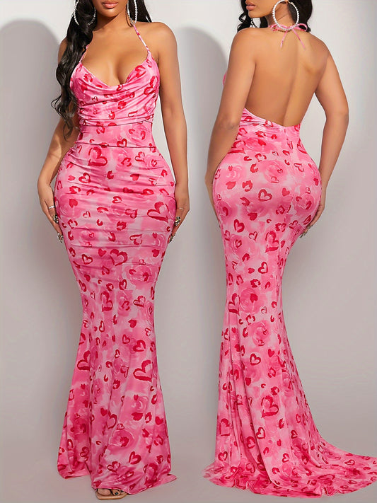 Fashion Halter Neck Valentine'S Day Pink Dress with Full Print of Love Flowers, Sleeveless, Slim Fit, Backpack-Revealed Hip Fishtail Long Dress, Evening Dress, Floor-Length Skirt