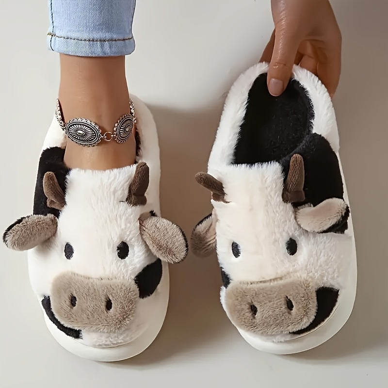 1 Pair Elegant Cartoon Cow Print Slippers for Women, Cozy Indoor House Shoes, Non-Slip TPR Sole, All-Season Warmth, Fabric Upper/Inner/Insole, Positioning Printing Design
