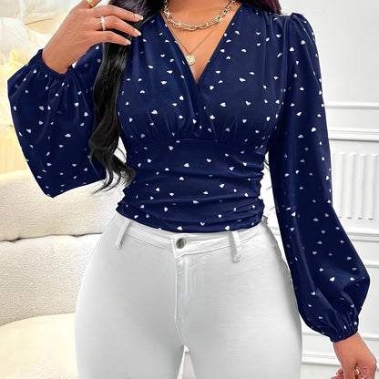 Allover Print V Neck Blouse, Elegant Long Sleeve Shirred Top For Spring & Fall, Women's Clothing