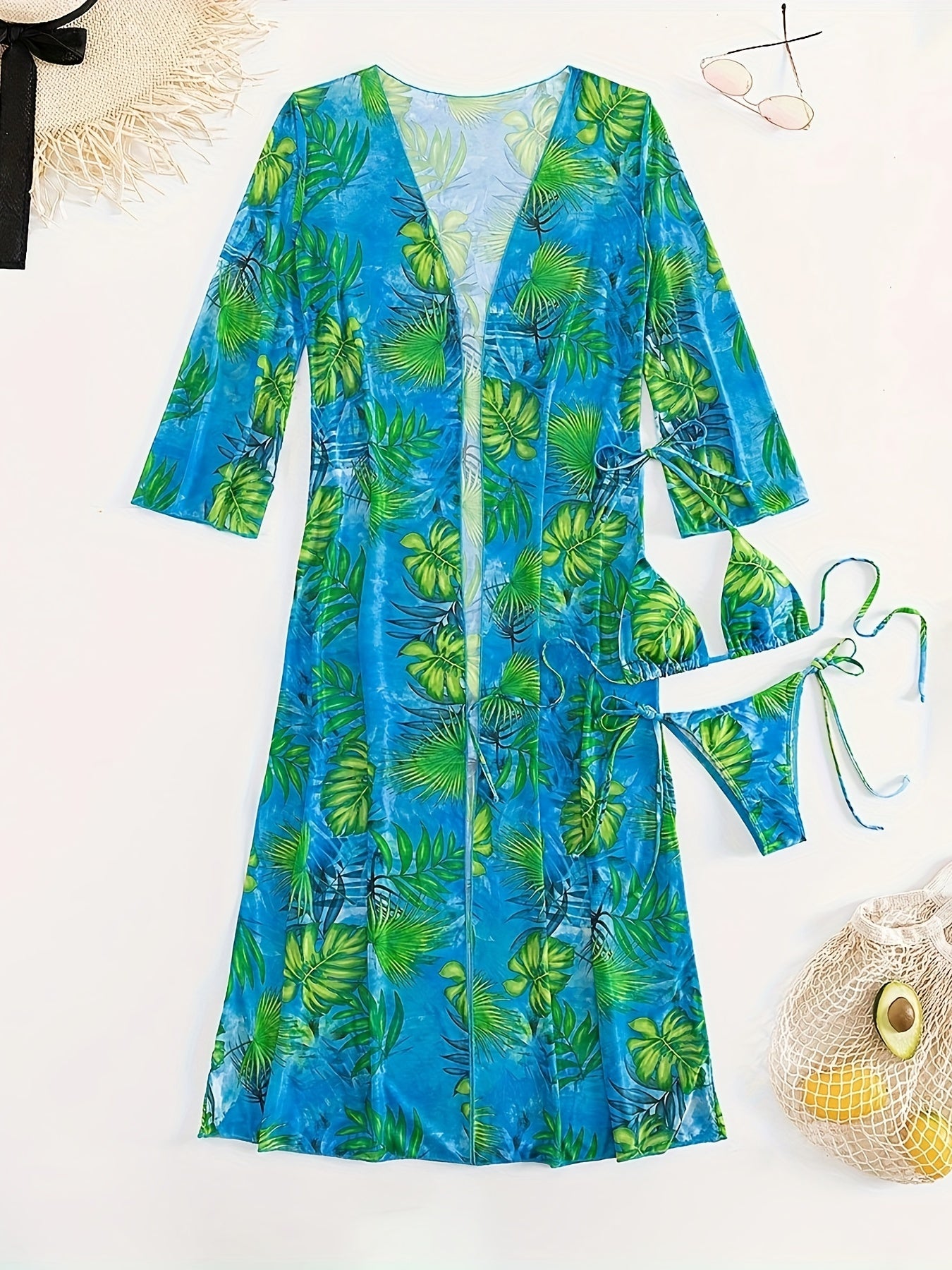 3 Piece Leaf Print Ruffled Tie Back Triangle Bikini Set - Stylish Women's Swimwear with Cover Up, Comfortable and Flattering Design - Perfect for Beach and Pool Time