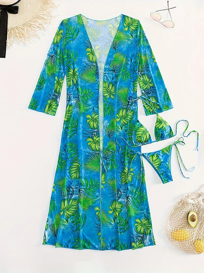 3 Piece Leaf Print Ruffled Tie Back Triangle Bikini Set - Stylish Women's Swimwear with Cover Up, Comfortable and Flattering Design - Perfect for Beach and Pool Time