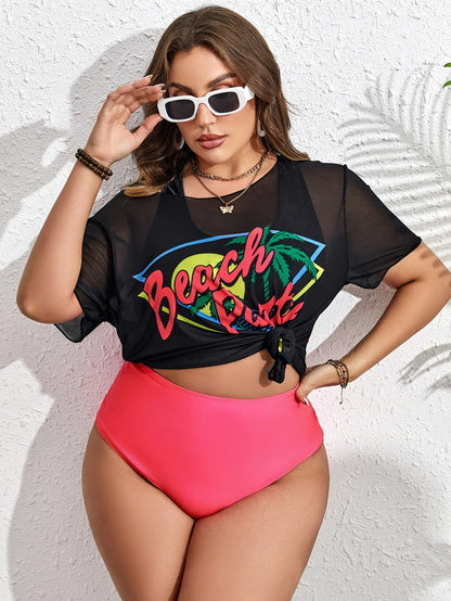 Plus Size Women's Tropical Print Bikini Set with Beach Cover-Up Dress - Stretchy, Comfortable 3pcs Swimsuit with Vibrant Palm Graphics, Includes Bra, High-Waisted Shorts & Tee for Vacation, High Waisted Bikini Set