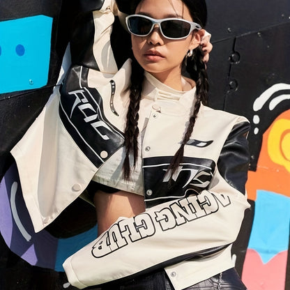 Stylish Faux Leather Long Sleeve Crop Jacket with Letter Print Button Front - Women's Fashion Outerwear for Chic Look - Faux Leather