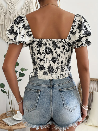 Floral Print Sweetheart Neck Blouse, Elegant Short Puff Sleeve Hanky Hem Shirred Crop Top For Spring & Summer, Women's Clothing