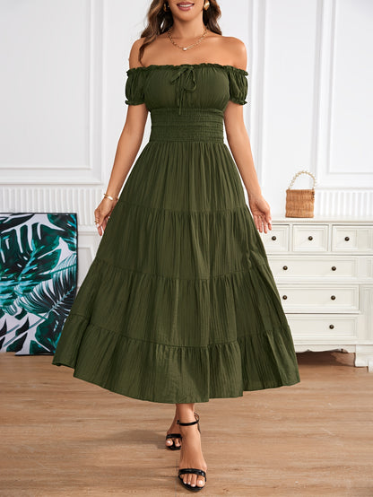 Off Shoulder Shirred Waist Dress, Elegant Aline Smocked Maxi Dress For Spring & Summer, Women's Clothing