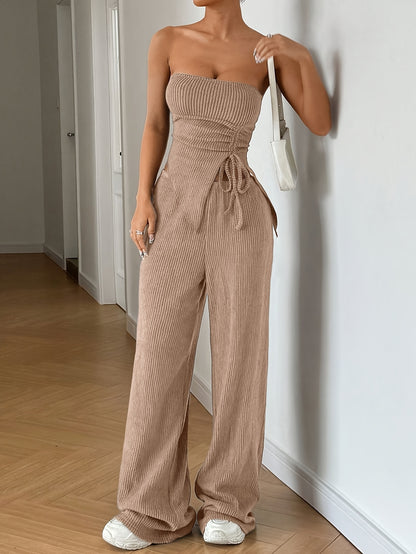 Women's Summer Fashion Outfit - Solid Color Crop Top and Pants, Side Drawstring, Comfortable for Casual Wear