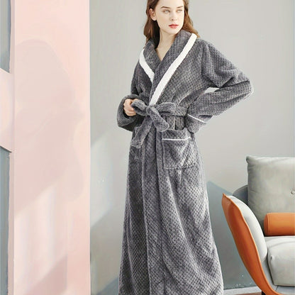 Plus Size Cozy Flannel Robe - Soft, Warm, Long Sleeve, Contrast Pipping, Thick, Casual Loungewear for Fall and Winter Nights - Ideal for Relaxation and Sleep