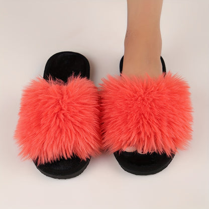Elegant Women's Faux Fur Slippers - Winter Plush Open Toe Slip-On House Slippers with EVA Sole - Solid Color Fluffy Indoor Cotton Slides - Cixi Production Area