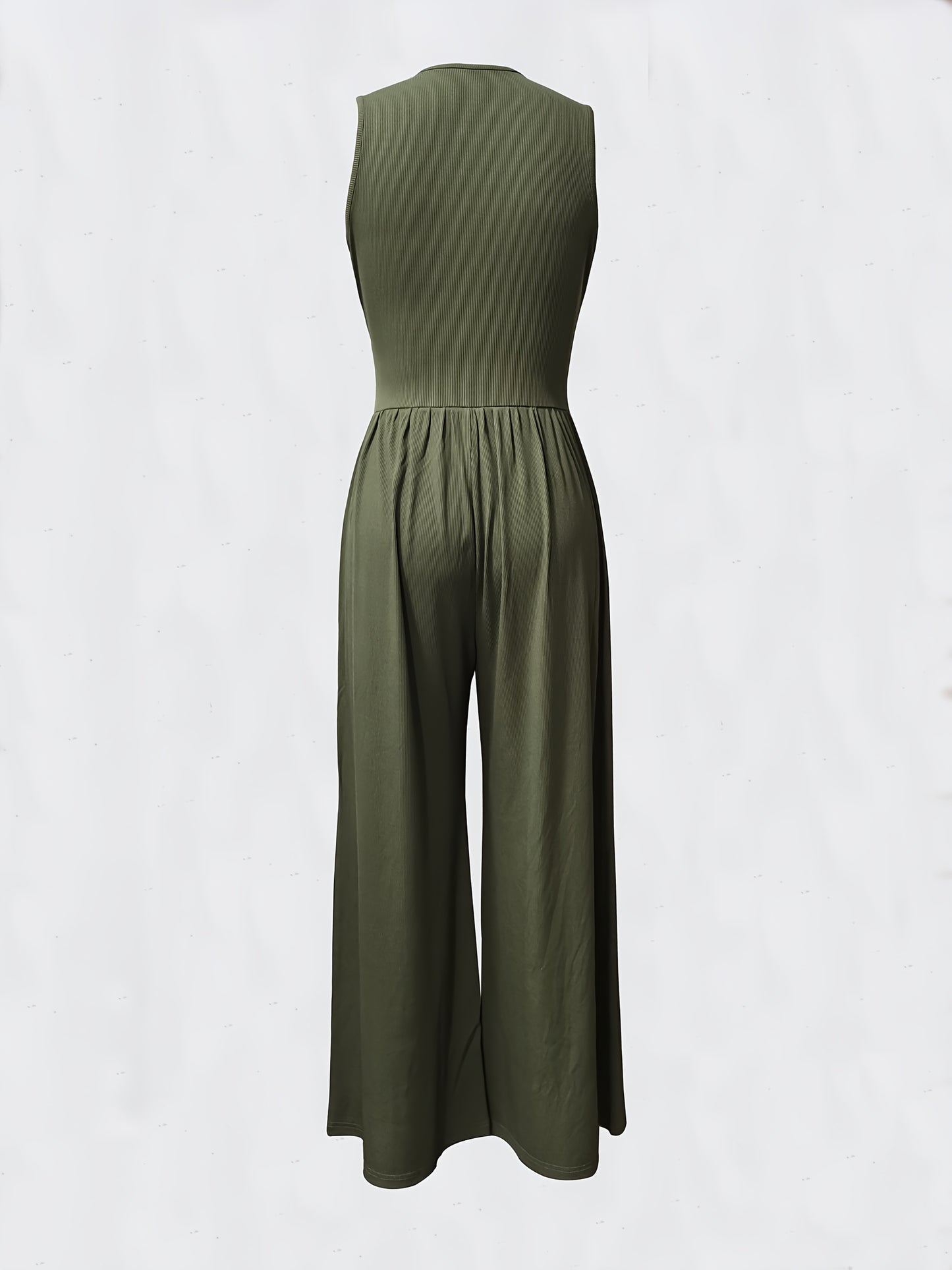 Women's Sleeveless Deep V-Neck Ruched Wide-Leg Jumpsuit - Olive Green Textured Stretch Fabric, Machine Washable Elegant Spring/Summer Casual & Formal Outfit, Ladies Rompers And Jumpsuits, Versatile Clothing, Flowing Silhouett
